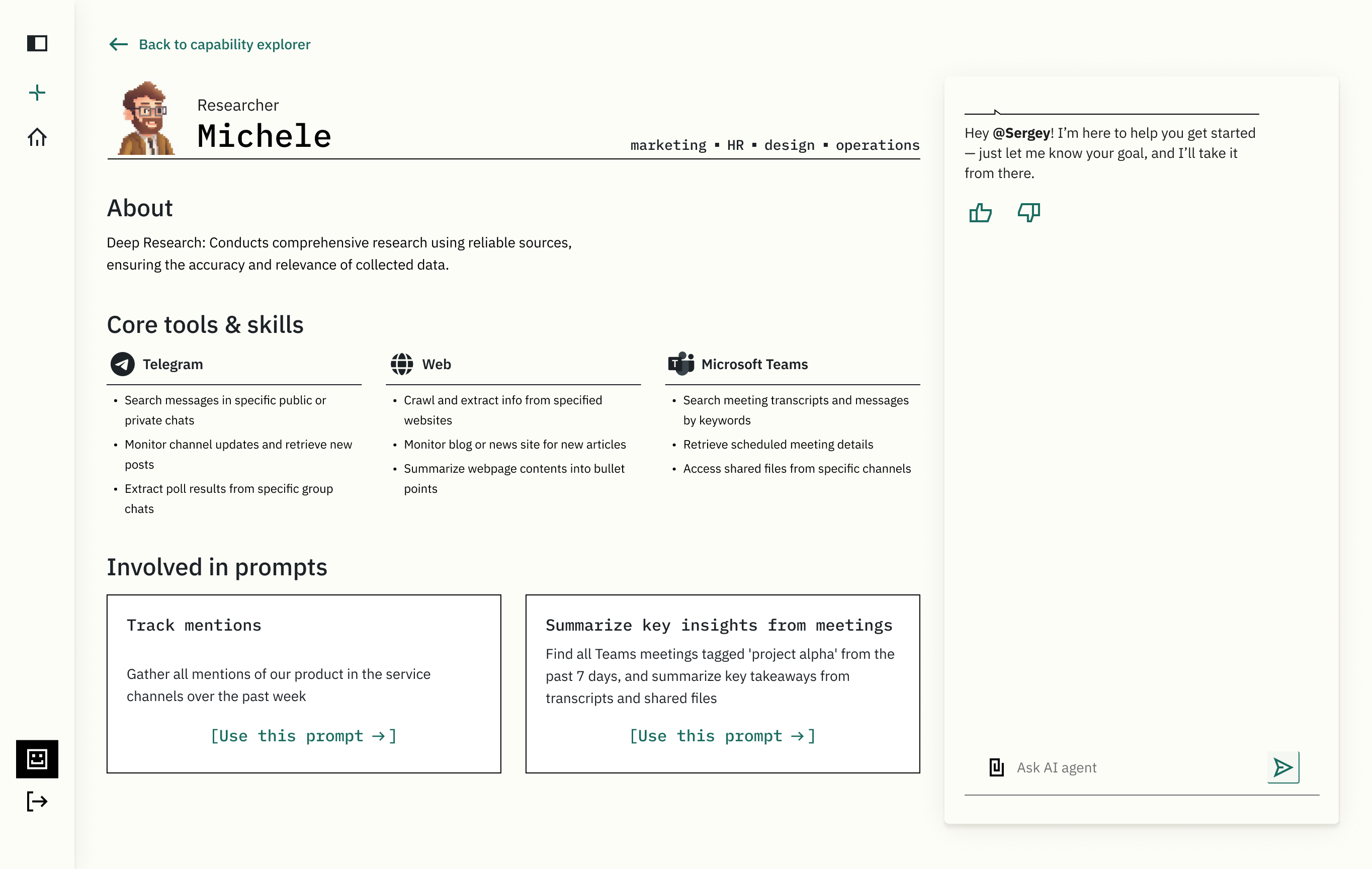 An agent profile with its tools, skills and ready-to-use prompts