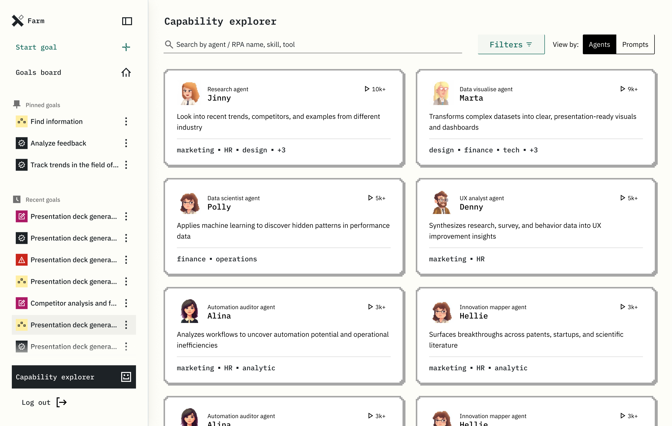 Capability explorer — a library of agents by role and skill