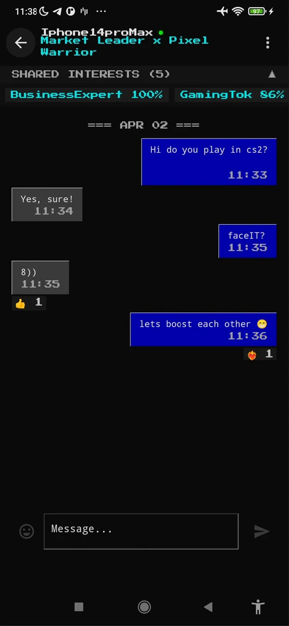 An anonymous chat between two matched users