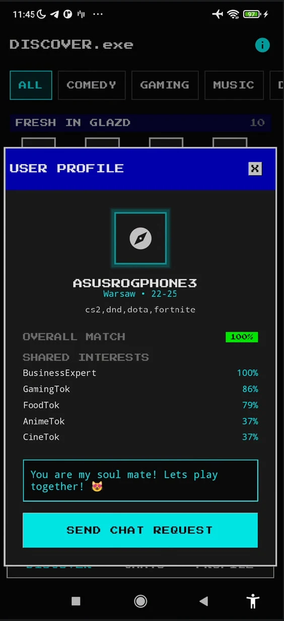 User profile with match score and shared interests
