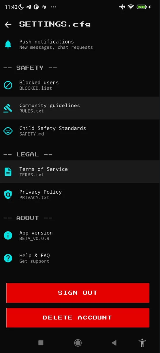 Settings — safety, legal and privacy documents