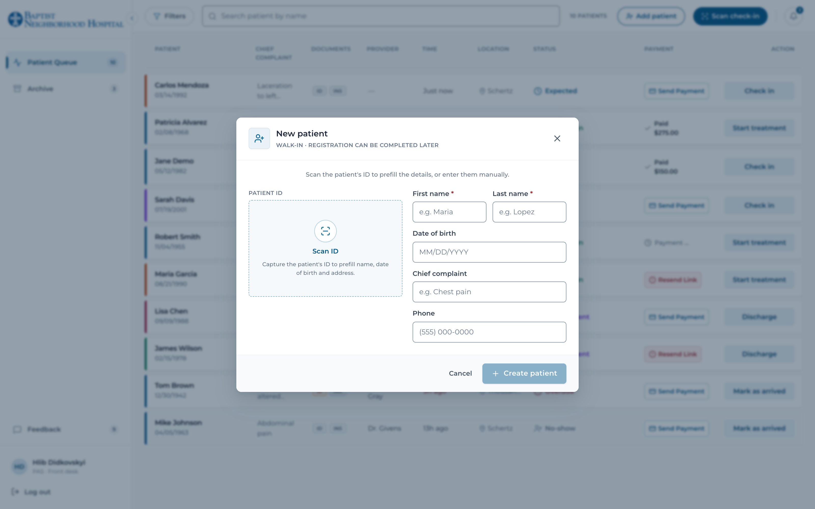 Adding a walk-in — scan the ID to prefill instead of retyping