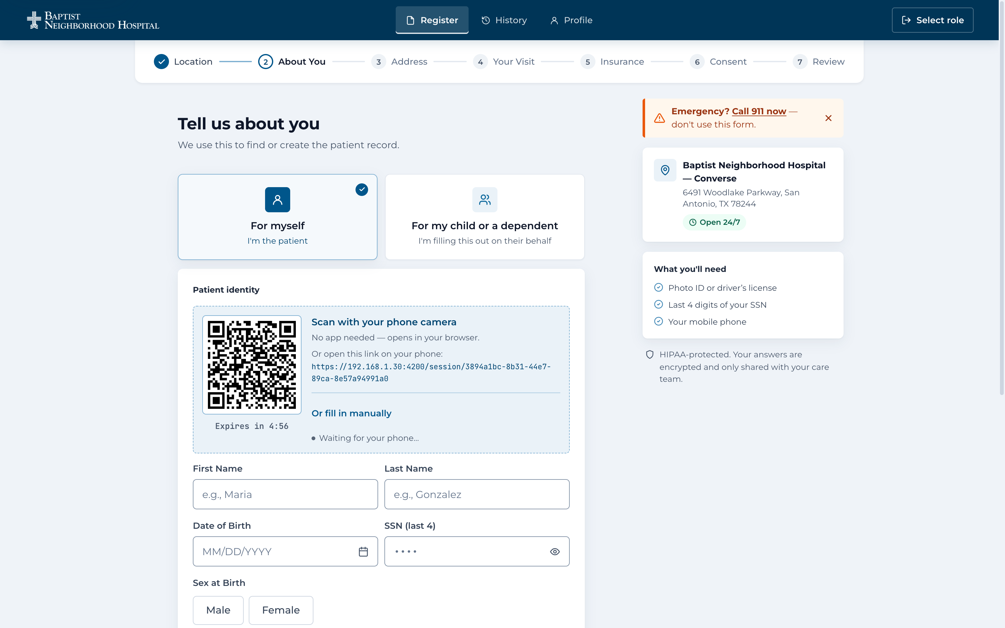 Patient pre-registration — the About You step with a QR code to continue on your phone