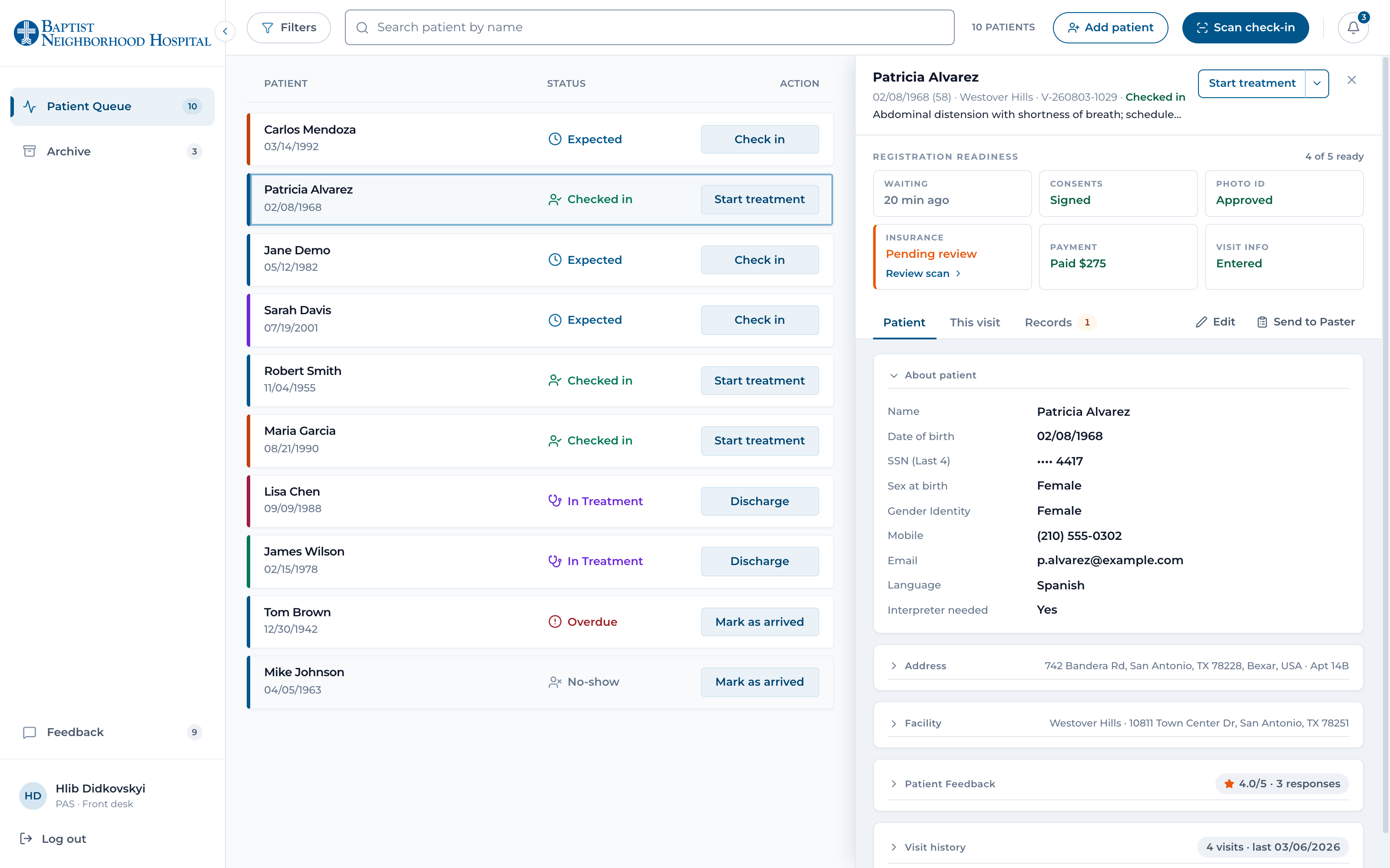 Patient detail — registration readiness and Send to Paster