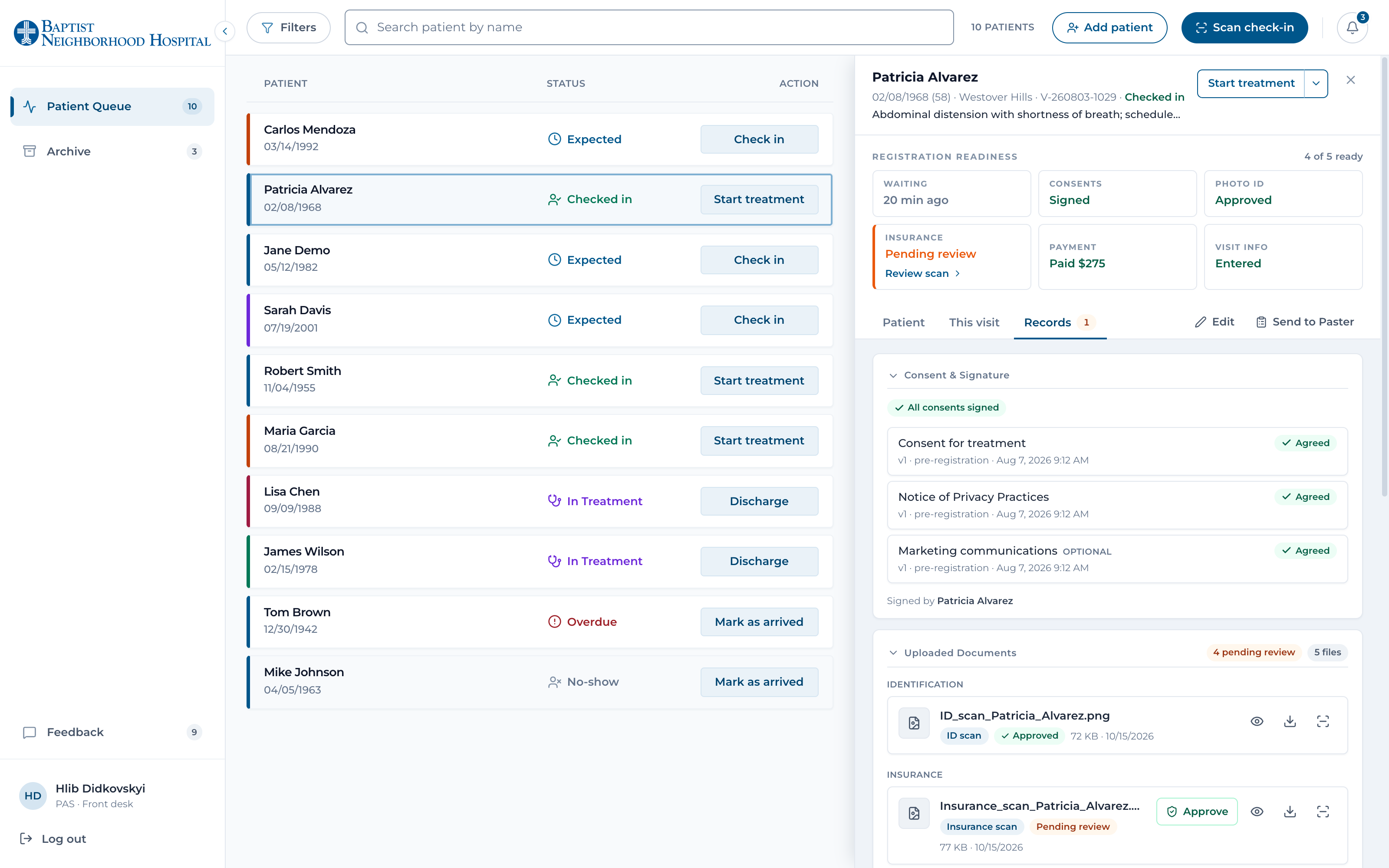 Patient records — signed consents and uploaded documents with review status