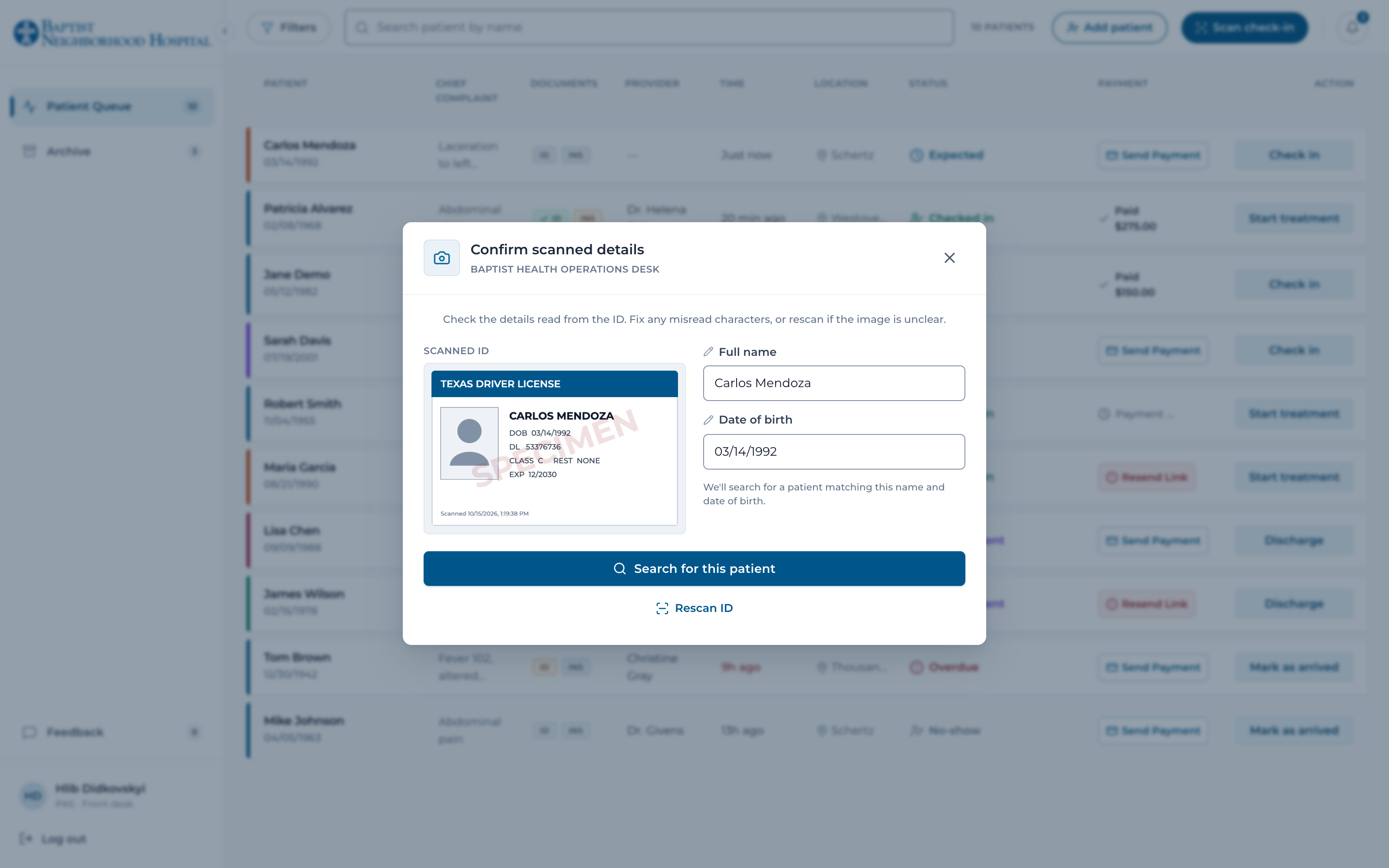 Check-in by ID scan — confirm the details read from the license
