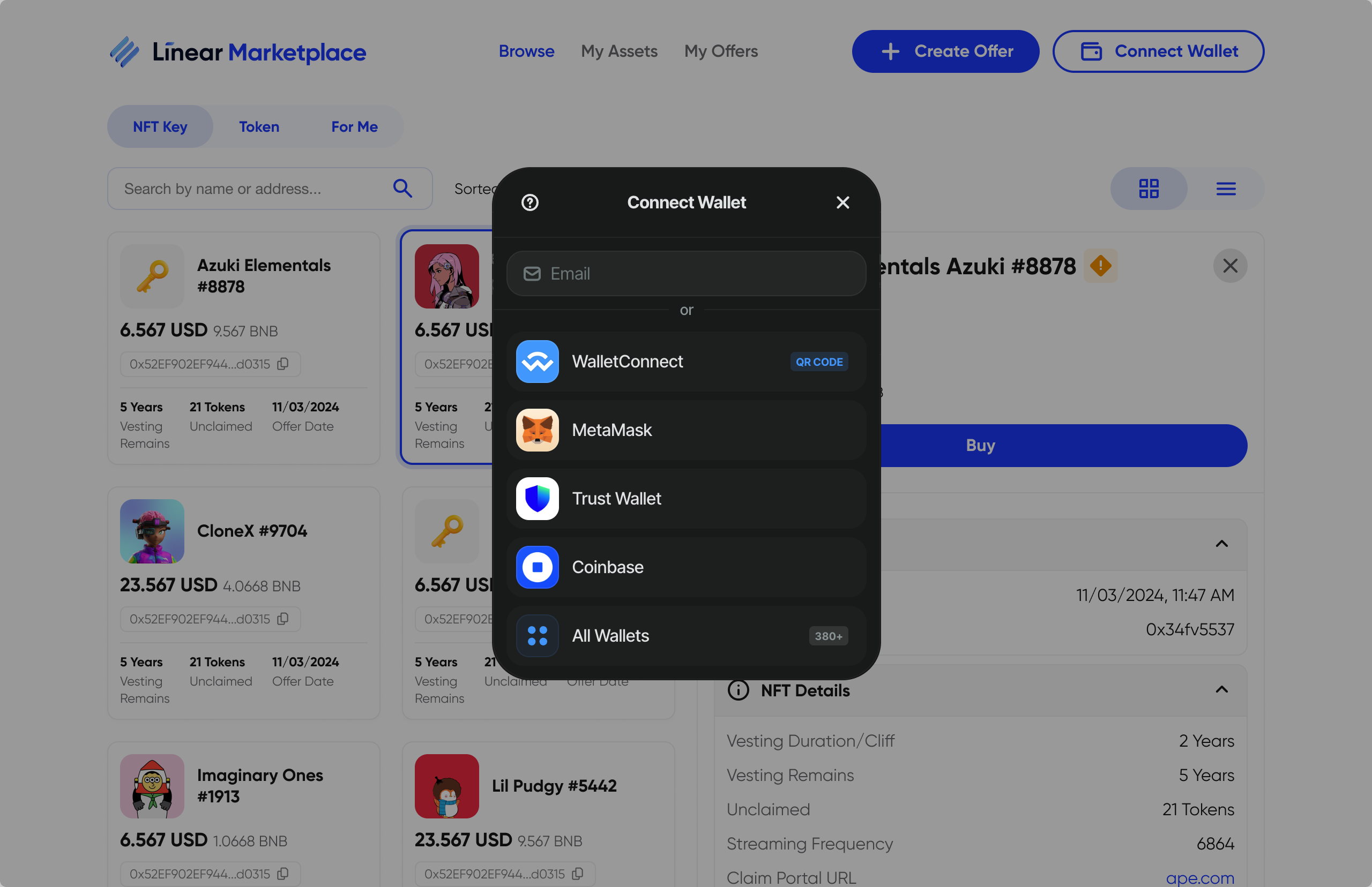 Connect Wallet modal over the marketplace
