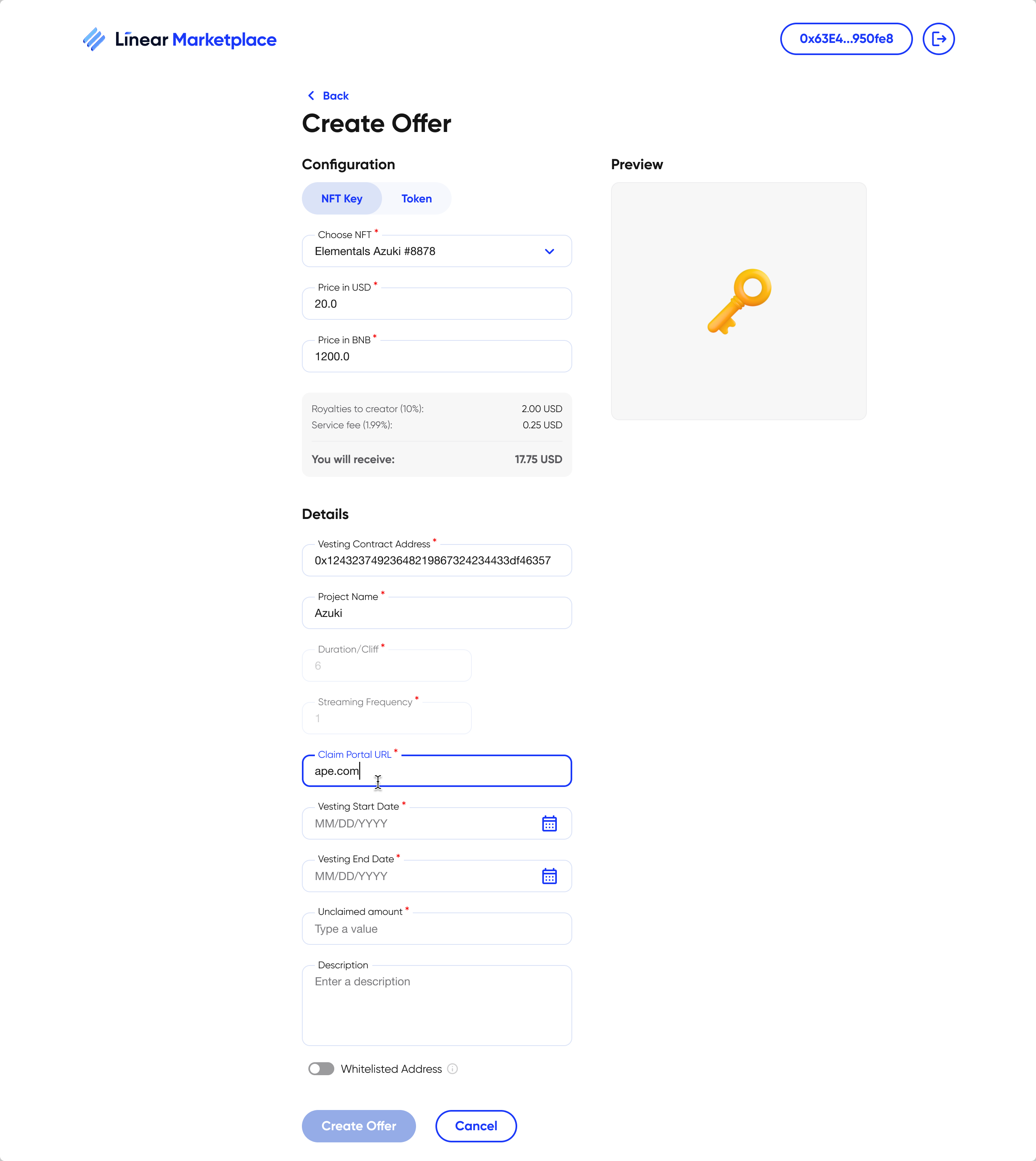 Create Offer form with the plain-language fee breakdown