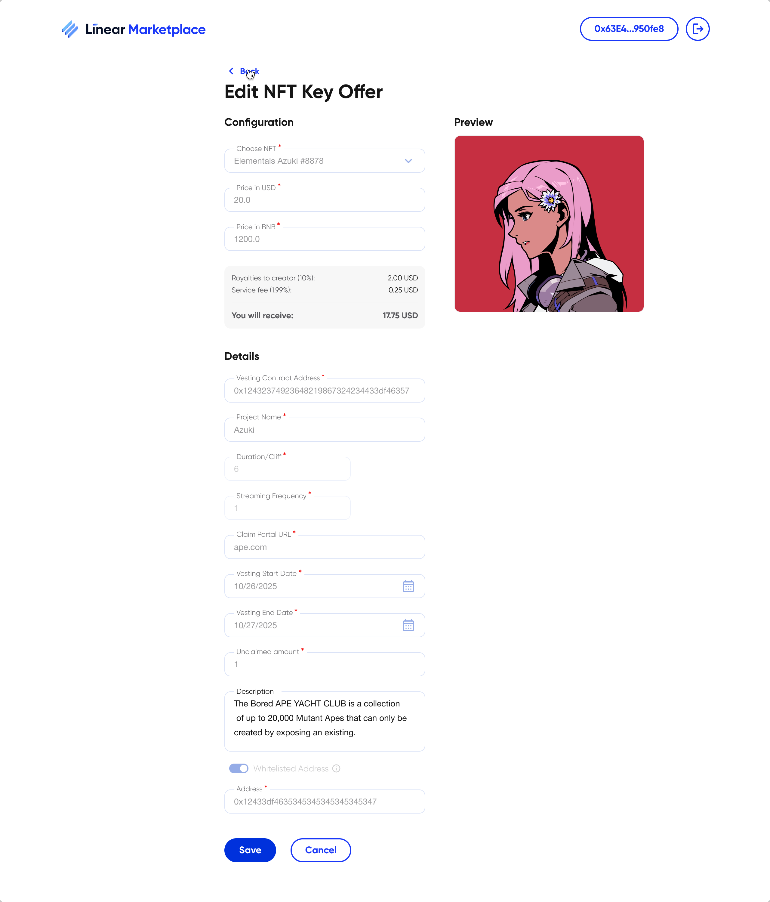 Edit NFT Key Offer form