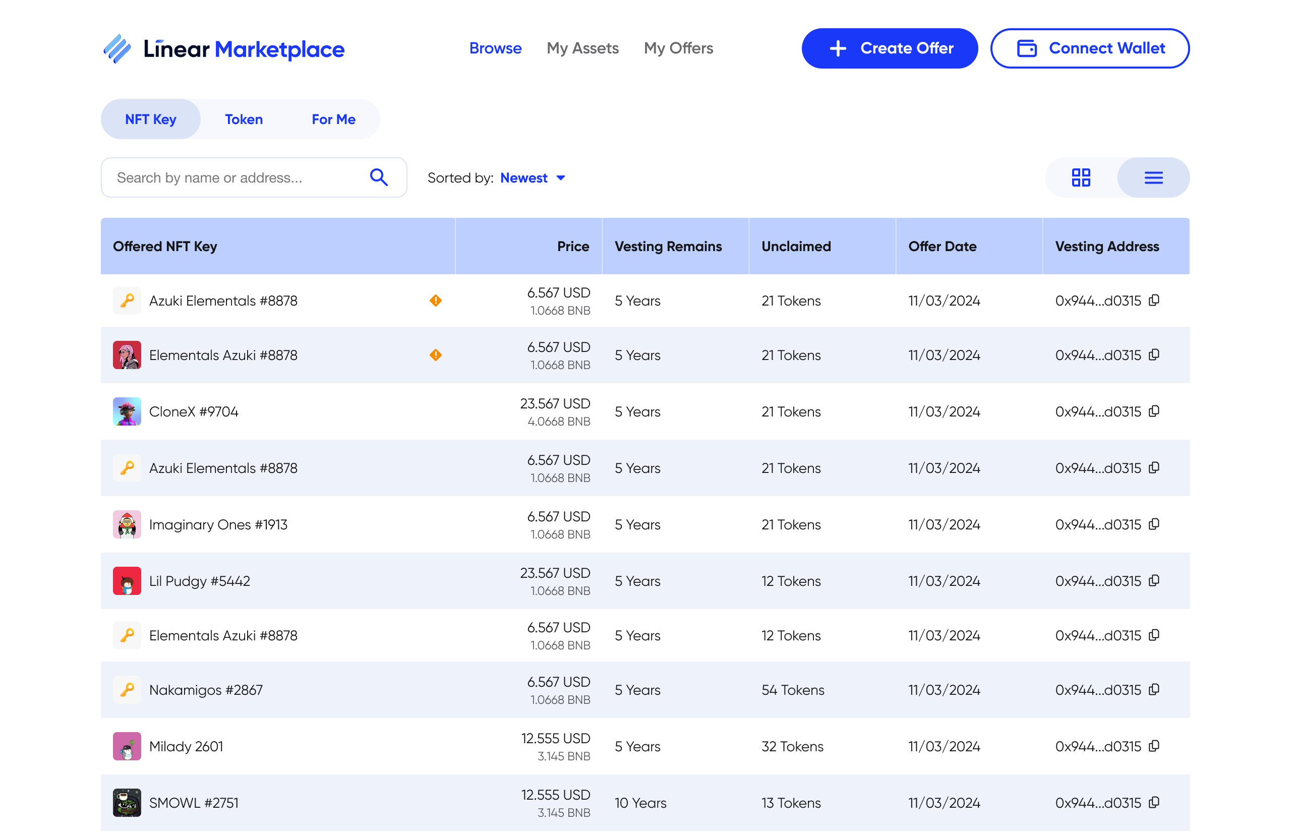 NFT list view — the same offers, structured as a table