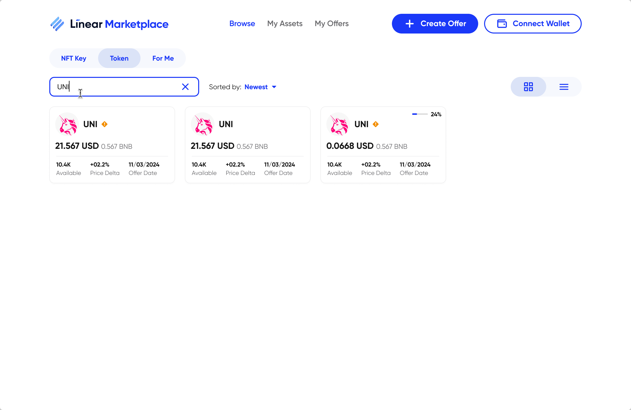 Token search filtered to UNI