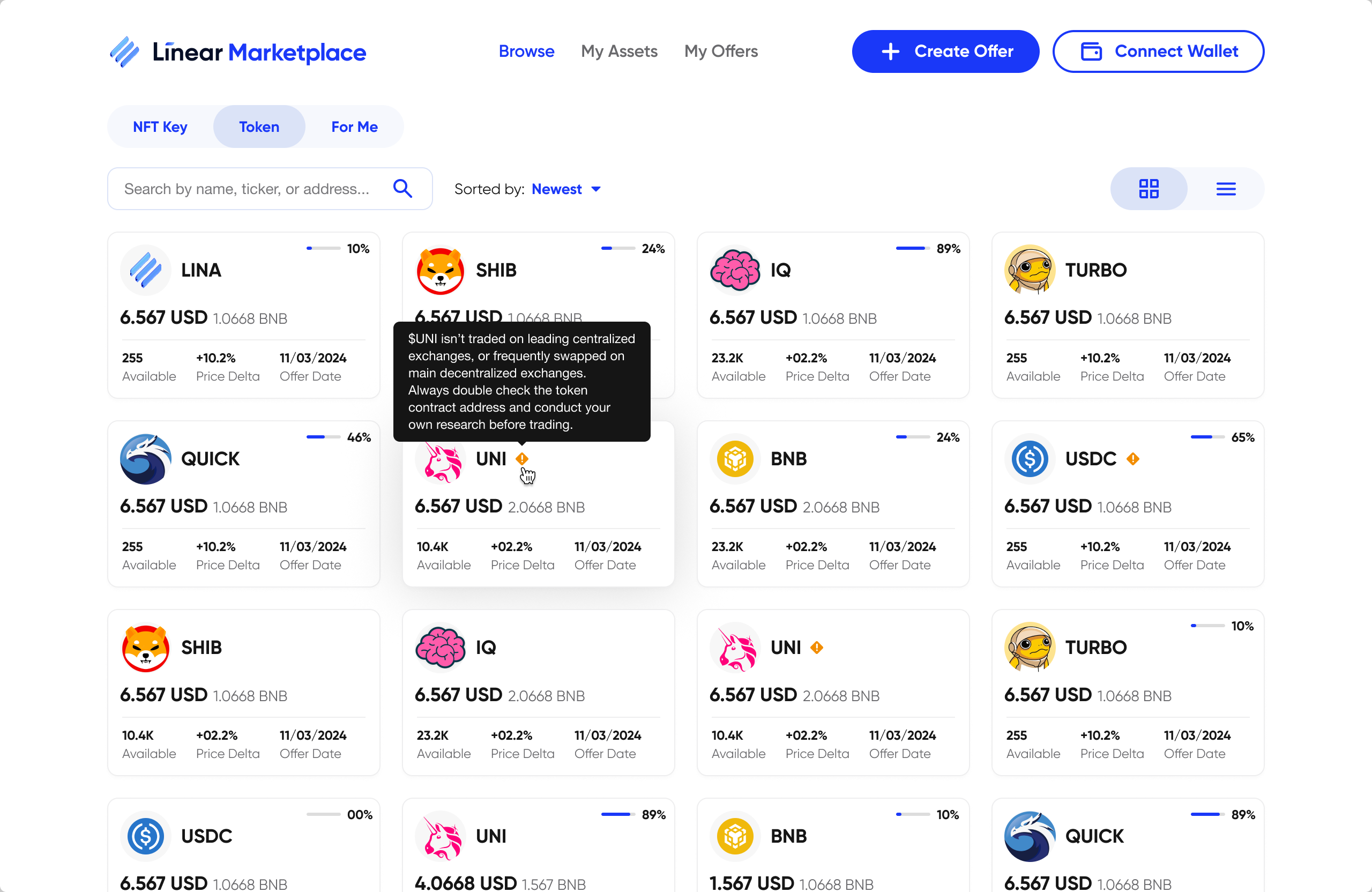 Token grid with a plain-language risk warning tooltip